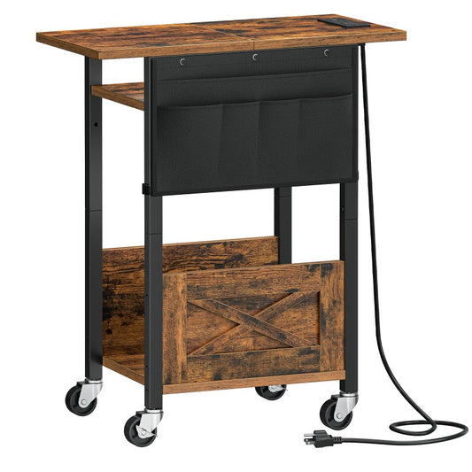 HOOBRO 3-Tier Mobile PC Stand, Adjustable Computer Tower Stand with Power Strip and Lockable Wheels, with Fabric Pocket, PC Holder for Speakers, Printers, Office