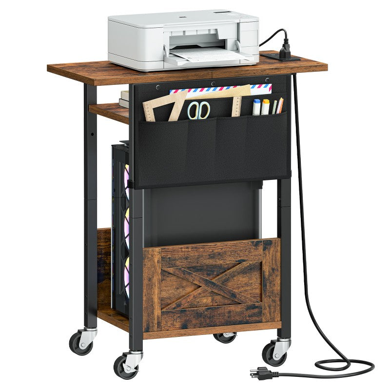 HOOBRO 3-Tier Mobile PC Stand, Adjustable Computer Tower Stand with Power Strip and Lockable Wheels, with Fabric Pocket, PC Holder for Speakers, Printers, Office
