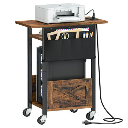 HOOBRO 3-Tier Mobile PC Stand, Adjustable Computer Tower Stand with Power Strip and Lockable Wheels, with Fabric Pocket, PC Holder for Speakers, Printers, Office