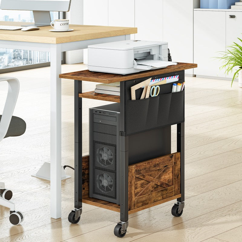 HOOBRO 3-Tier Mobile PC Stand, Adjustable Computer Tower Stand with Power Strip and Lockable Wheels, with Fabric Pocket, PC Holder for Speakers, Printers, Office