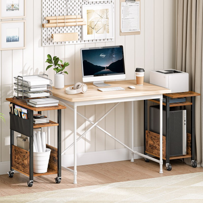 HOOBRO 3-Tier Mobile PC Stand, Adjustable Computer Tower Stand with Power Strip and Lockable Wheels, with Fabric Pocket, PC Holder for Speakers, Printers, Office