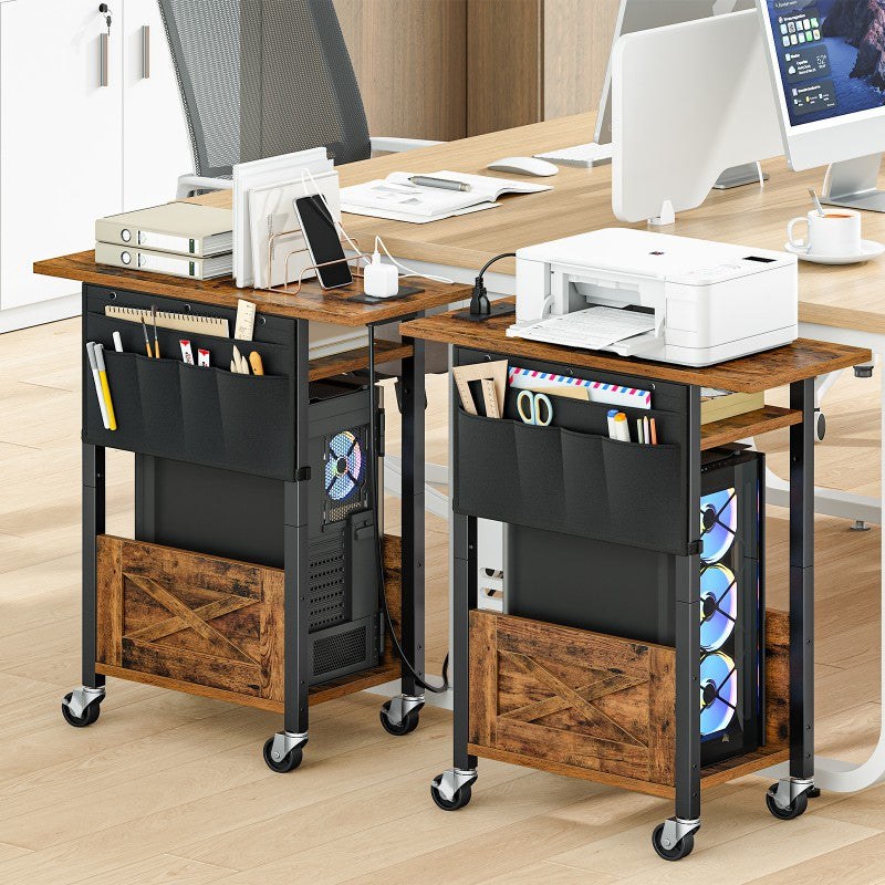 HOOBRO 3-Tier Mobile PC Stand, Adjustable Computer Tower Stand with Power Strip and Lockable Wheels, with Fabric Pocket, PC Holder for Speakers, Printers, Office