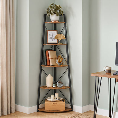 HOOBRO 5 Tier Rustic Corner Bookshelf Bookcase Industrial Corner Ladder Shelf Plant Stand for Living Room, Kitchen, Home Office