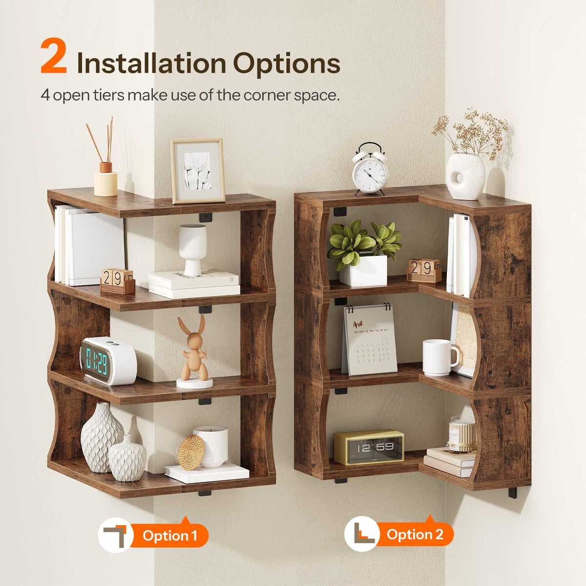 HOOBRO Wall Mounted 3-Tier Corner Floating Shelves with 2 Installation Options