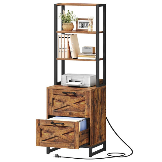HOOBRO 2-Drawer File Cabinet with Shelves, Office Storage Filing Cabinet with Charging Station, Tall Printer Stand for Home Office, Fits Letter/Legal Size Hanging File Folders