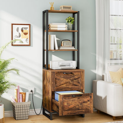HOOBRO 2-Drawer File Cabinet with Shelves, Office Storage Filing Cabinet with Charging Station, Tall Printer Stand for Home Office, Fits Letter/Legal Size Hanging File Folders