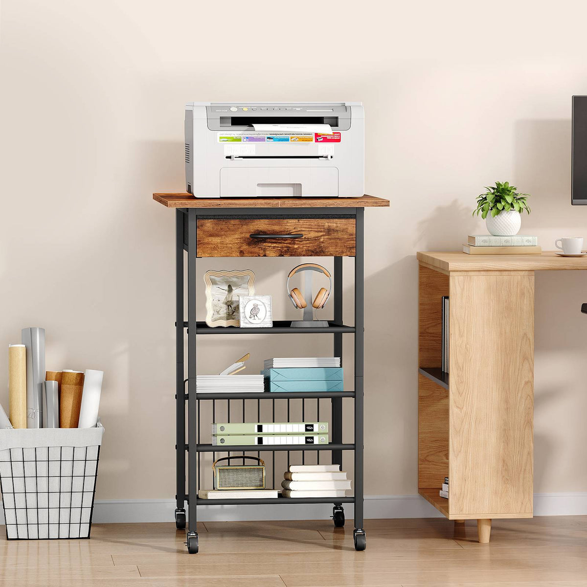HOOBRO Mobile Printer Stand with Drawer, 4-Tier Rolling Office Storage Cart