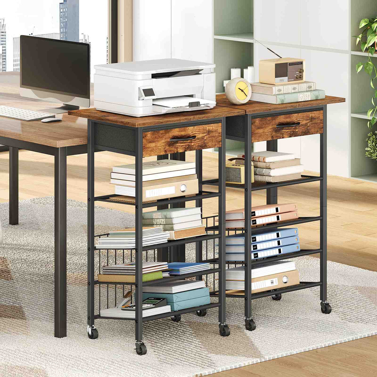 HOOBRO Mobile Printer Stand with Drawer, 4-Tier Rolling Office Storage Cart