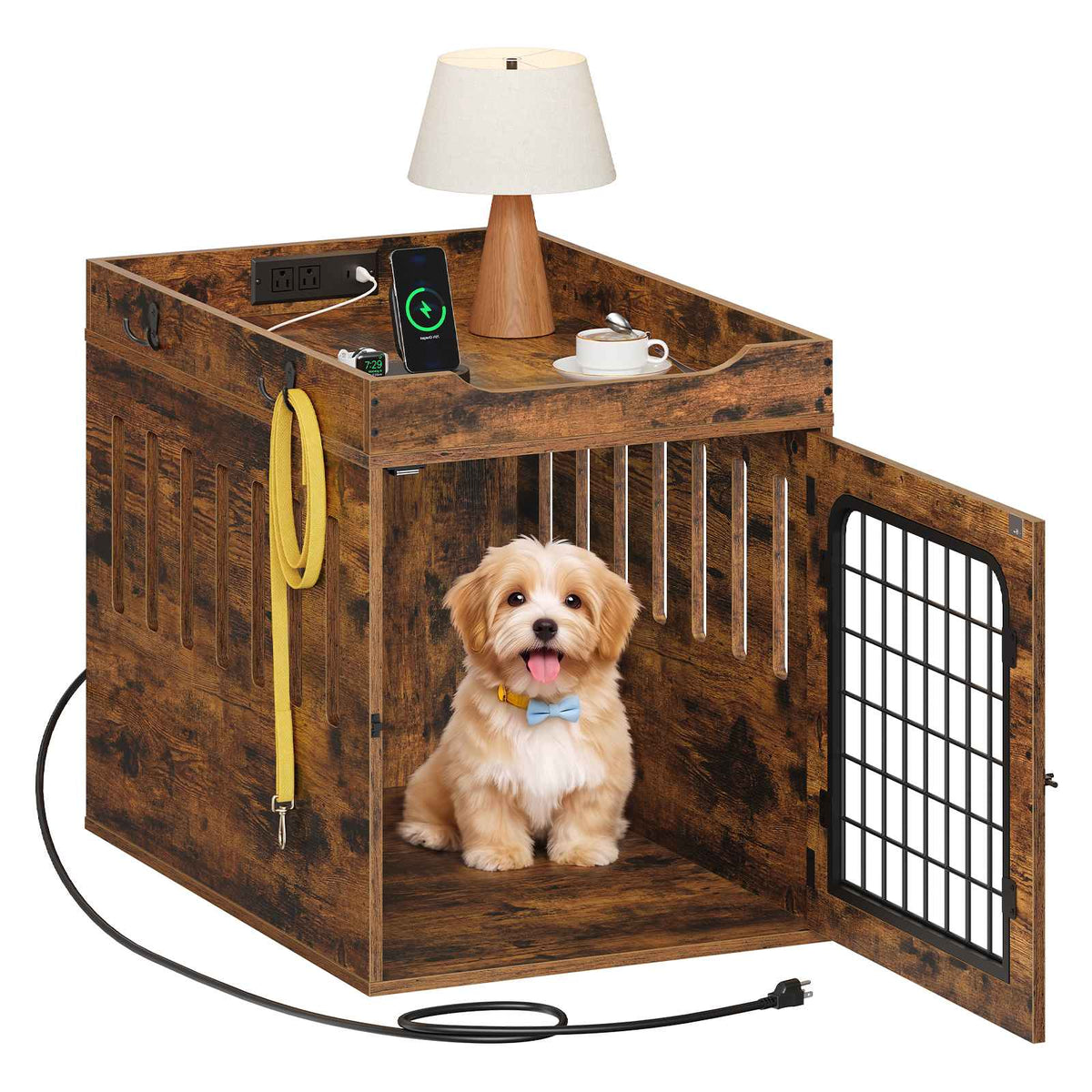 HOOBRO Furniture Style Dog Crate End Table with Built-in Charging Station