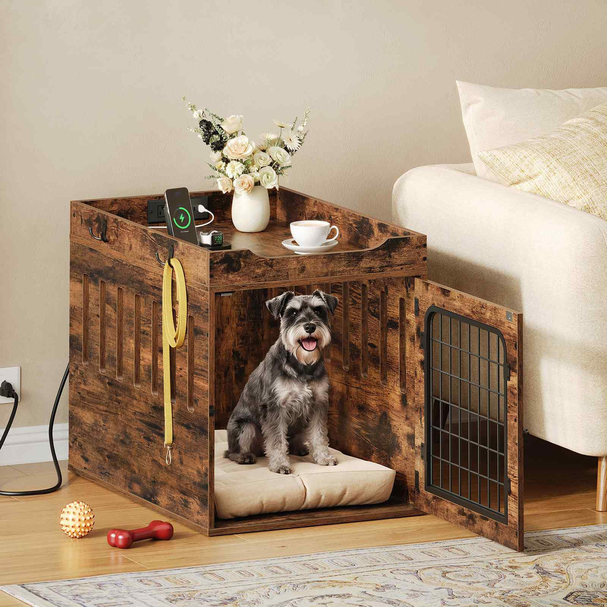 HOOBRO Furniture Style Dog Crate End Table with Built-in Charging Station