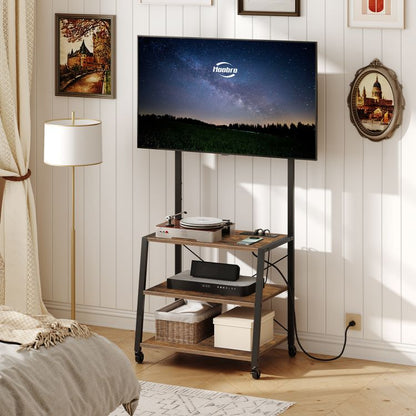 HOOBRO Rolling TV Stand with Mount and Power Outlet Up to 55 inch TV, Corner Entertainment Center, Small TV Stand with 3-Tier Storage Shelves for Living Room, Bedroom