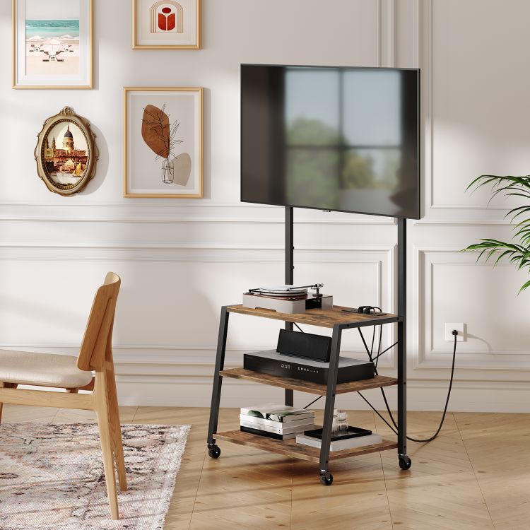 HOOBRO Rolling TV Stand with Mount and Power Outlet Up to 55 inch TV, Corner Entertainment Center, Small TV Stand with 3-Tier Storage Shelves for Living Room, Bedroom