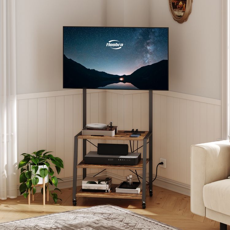 HOOBRO Rolling TV Stand with Mount and Power Outlet Up to 55 inch TV, Corner Entertainment Center, Small TV Stand with 3-Tier Storage Shelves for Living Room, Bedroom