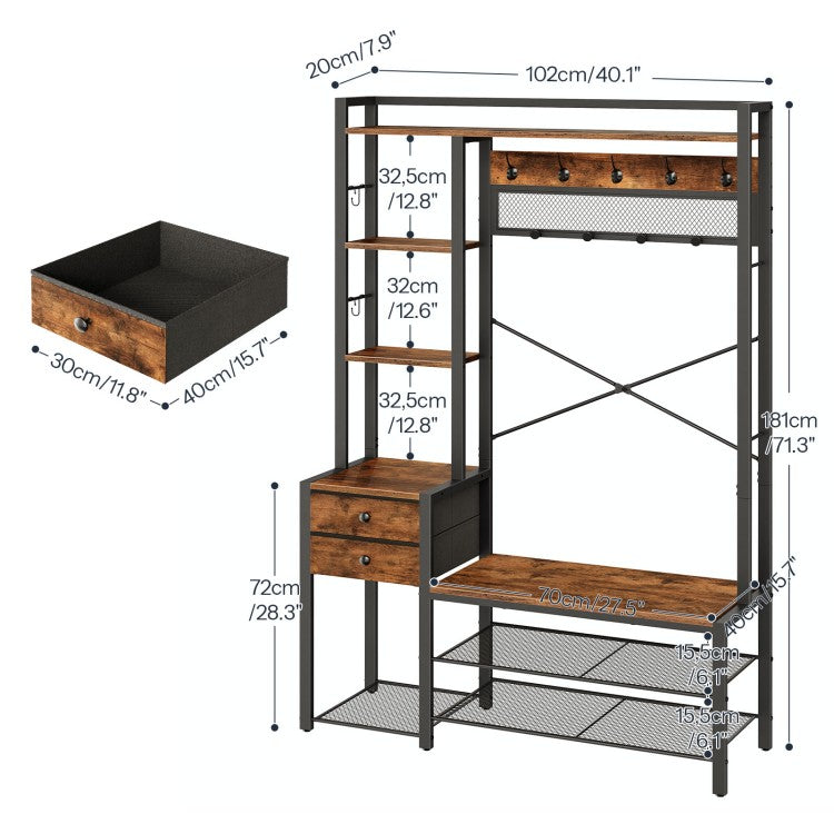 HOOBRO Hall Tree with Bench, Coat Rack with Shoe Storage, Entryway Bebch with Coat Rack, Coat and Shoe Rack, 5-Tier Shelves, 2 Fabric Drawers, 9 Coat Hooks, 4 Side Hooks