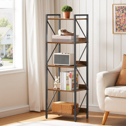HOOBRO Bookshelf, 5-Tier Industrial Bookcase, Book Shelf Storage Organizer, Tall Bookshelf with Metal Frame for Living Room, Bedroom, Home Office, Kitchen