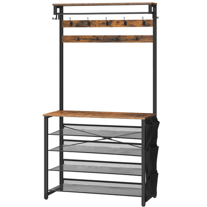 HOOBRO Hall Tree with Bench, Entryway Coat Rack with Shoe Rack, 39.4" Shoe and Coat Rack, 5 Tier Shoe Storage Organizer with Oxford Fabric Side Pockets, Adjustable Mesh Shelves