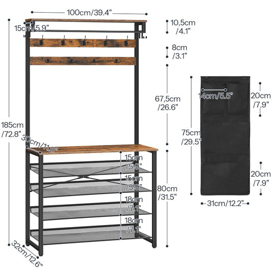 HOOBRO Hall Tree with Bench, Entryway Coat Rack with Shoe Rack, 39.4" Shoe and Coat Rack, 5 Tier Shoe Storage Organizer with Oxford Fabric Side Pockets, Adjustable Mesh Shelves