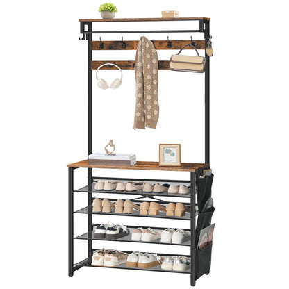 HOOBRO Hall Tree with Bench, Entryway Coat Rack with Shoe Rack, 39.4" Shoe and Coat Rack, 5 Tier Shoe Storage Organizer with Oxford Fabric Side Pockets, Adjustable Mesh Shelves