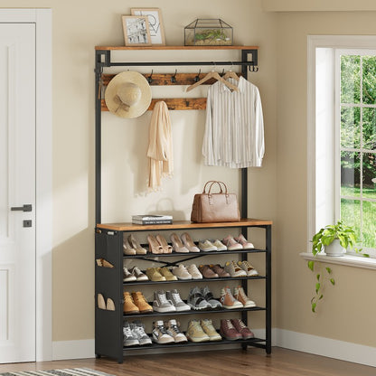HOOBRO Hall Tree with Bench, Entryway Coat Rack with Shoe Rack, 39.4" Shoe and Coat Rack, 5 Tier Shoe Storage Organizer with Oxford Fabric Side Pockets, Adjustable Mesh Shelves