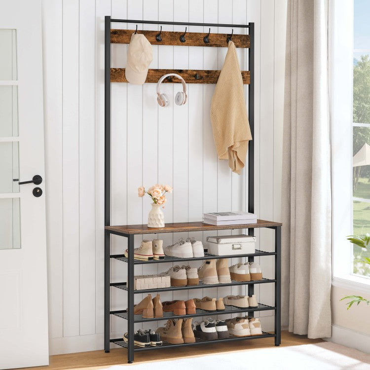 HOOBRO Hall Tree, Coat Rack with Shoe Rack, 39.4” Hall Tree with Bench, 5 Tier Shoe Storage Organizer with 9 Hooks for Entryway, Closet, Sturdy, Industrial