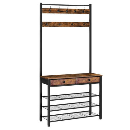 HOOBRO Hall Tree, Entryway Coat and Shoe Rack, Hall Tree with Bench, Shoe and Coat Rack with 2 Fabric Drawers, Coat Rack with Shoe Storage, 4 Tier Shoe Organizer