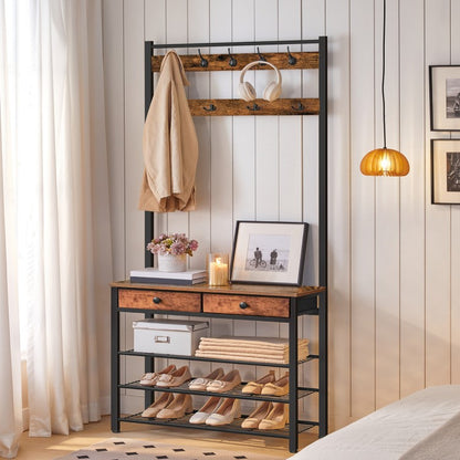 HOOBRO Hall Tree, Entryway Coat and Shoe Rack, Hall Tree with Bench, Shoe and Coat Rack with 2 Fabric Drawers, Coat Rack with Shoe Storage, 4 Tier Shoe Organizer