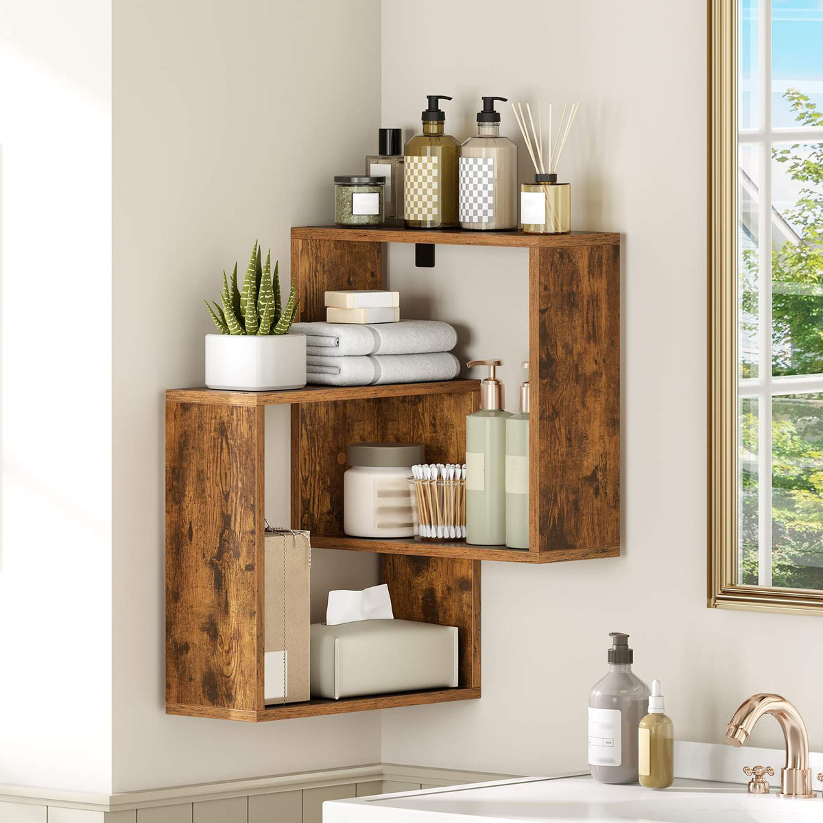 HOOBRO Wall Mounted 3-Tier Corner Floating Shelves, Geometric Cross Display Rack
