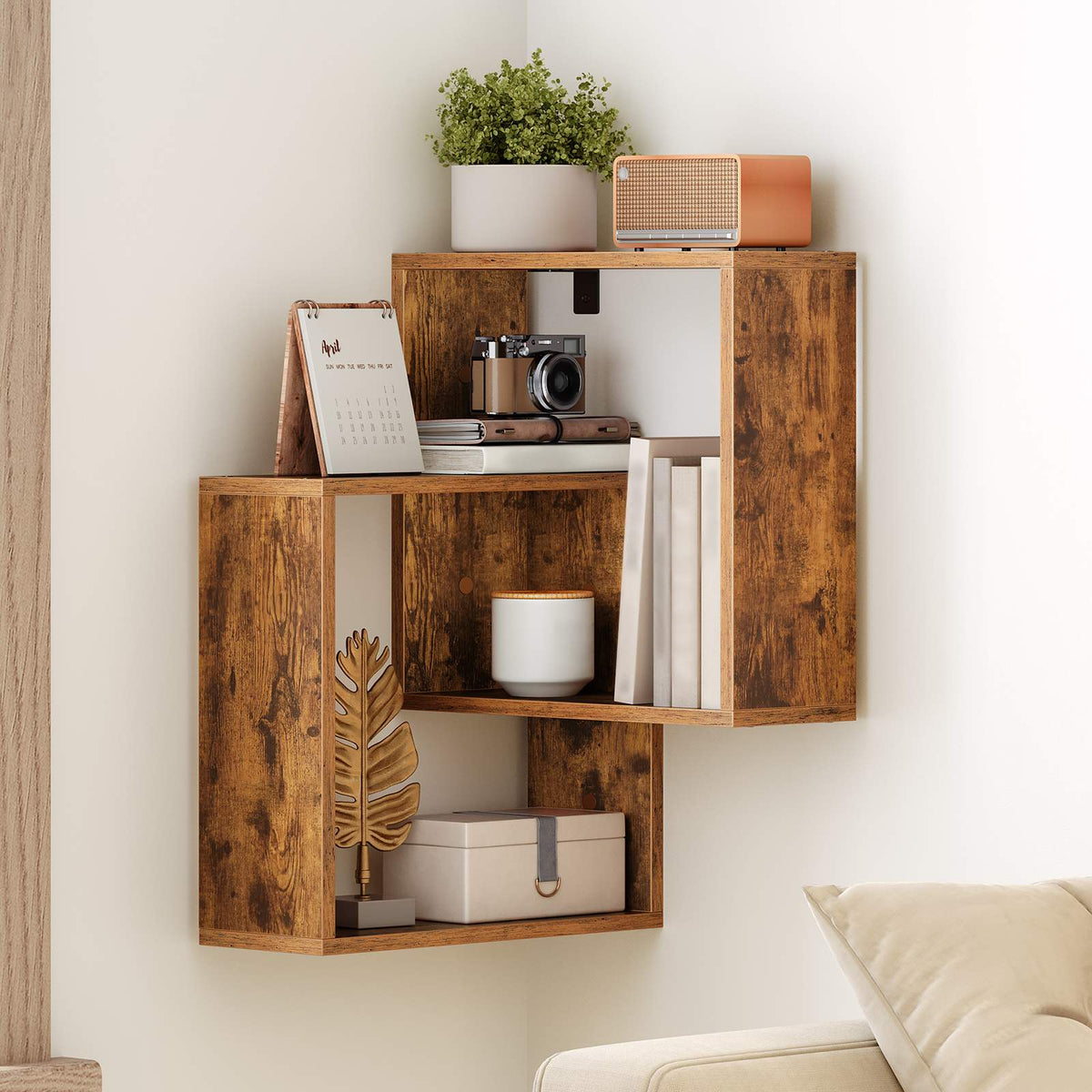 HOOBRO Wall Mounted 3-Tier Corner Floating Shelves, Geometric Cross Display Rack