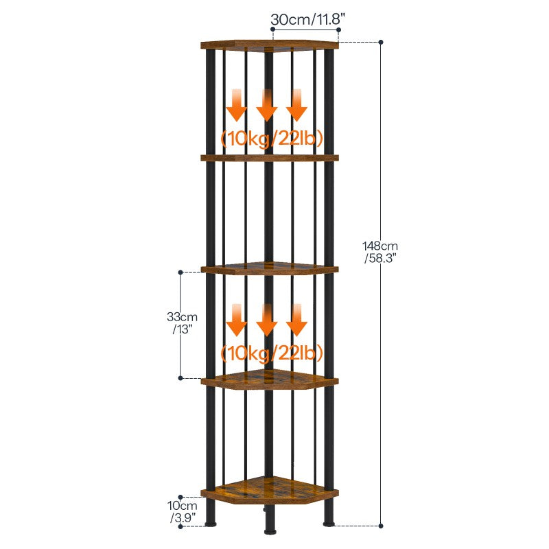 HOOBRO 5-Tier Corner Shelf Stand, Industrial 58.3" Corner Shelf, Corner Bookshelf Storage Stand, Tall Display Shelf Plant Stand for Small Space, Bathroom, Living Room Decor