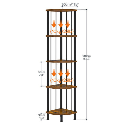 HOOBRO 5-Tier Corner Shelf Stand, Industrial 58.3" Corner Shelf, Corner Bookshelf Storage Stand, Tall Display Shelf Plant Stand for Small Space, Bathroom, Living Room Decor