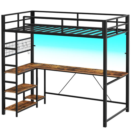 HOOBRO Twin Size Loft Bed with Ladder and Guardrail, Metal Bunk Bed with Desk, LED Lights and Charging Station for Teens, Adults, Space Saving, No Box Spring Needed