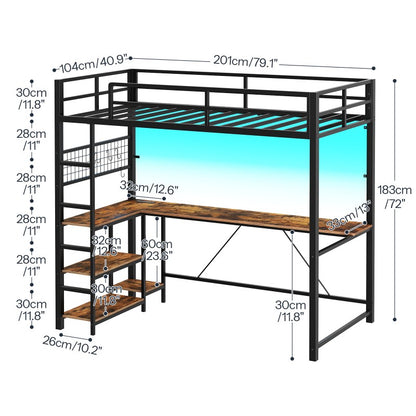 HOOBRO Twin Size Loft Bed with Ladder and Guardrail, Metal Bunk Bed with Desk, LED Lights and Charging Station for Teens, Adults, Space Saving, No Box Spring Needed