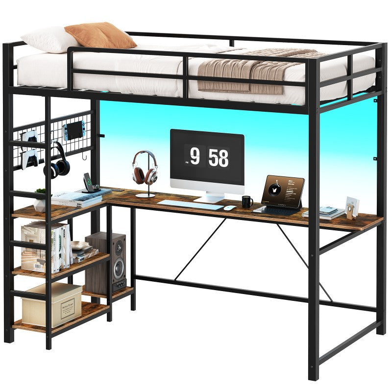 HOOBRO Twin Size Loft Bed with Ladder and Guardrail, Metal Bunk Bed with Desk, LED Lights and Charging Station for Teens, Adults, Space Saving, No Box Spring Needed