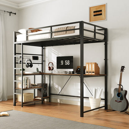 HOOBRO Twin Size Loft Bed with Ladder and Guardrail, Metal Bunk Bed with Desk, LED Lights and Charging Station for Teens, Adults, Space Saving, No Box Spring Needed