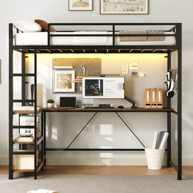 HOOBRO Twin Size Loft Bed with Ladder and Guardrail, Metal Bunk Bed with Desk, LED Lights and Charging Station for Teens, Adults, Space Saving, No Box Spring Needed