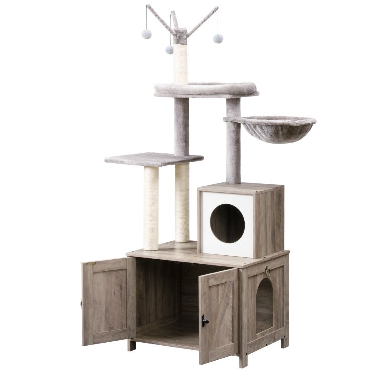 HOOBRO Cat Tree with Litter Box Enclosure for Indoor Cats, Wooden Cat Condo with Scratching Posts, Cat Litter Box Furniture Hidden, All-in-One Cat Toy with Cat House