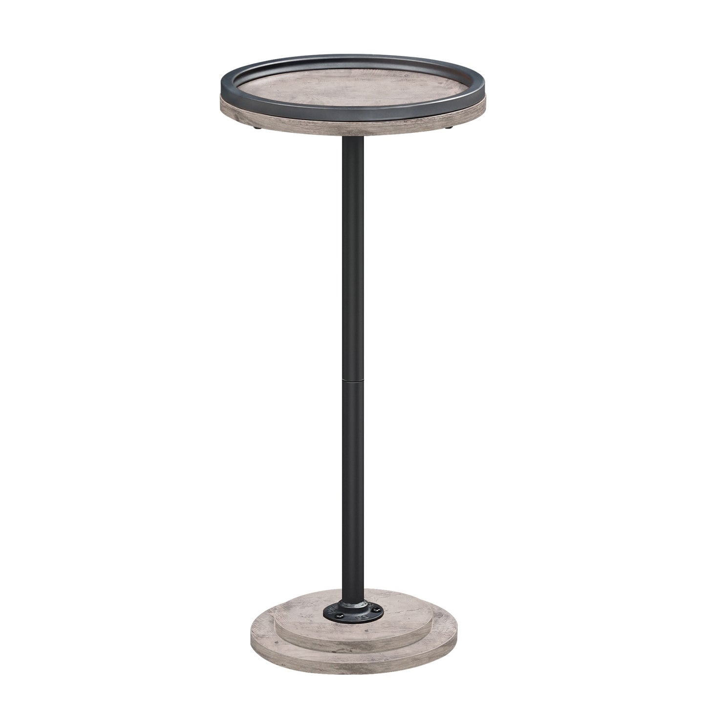 Small round pedestal side table with black metal column base and round tabletop