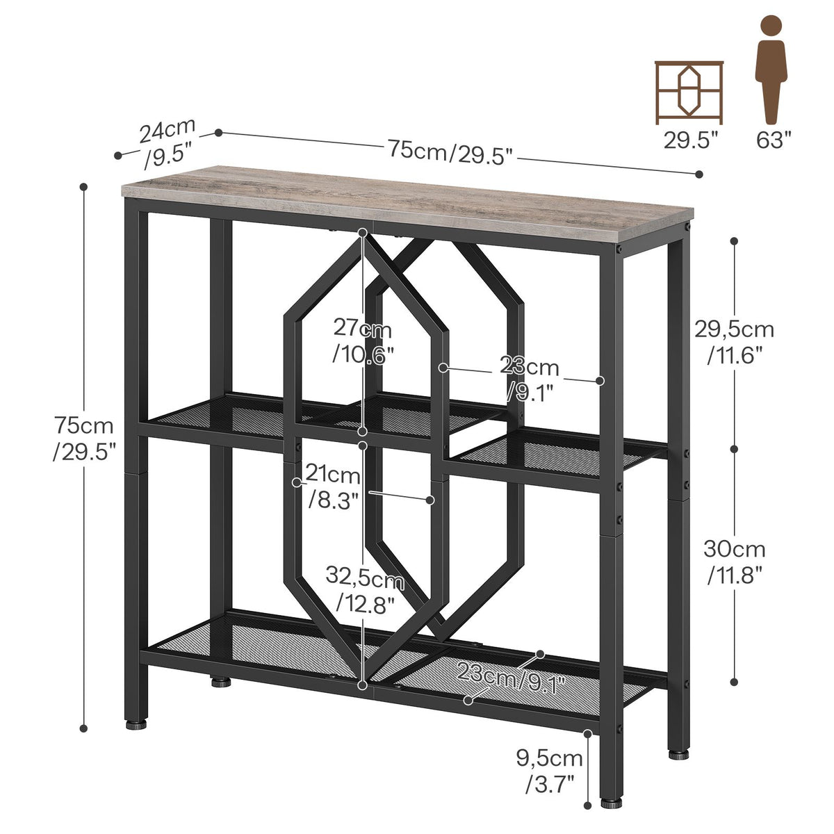 HOBORO Industrial Console Table with Geometric Shelves, Slim Grey Entryway Table