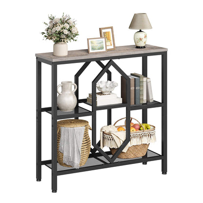 HOBORO Industrial Console Table with Geometric Shelves, Slim Grey Entryway Table
