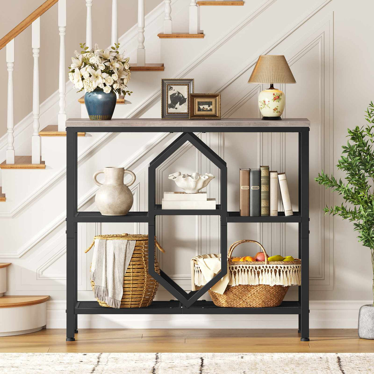 HOBORO Industrial Console Table with Geometric Shelves, Slim Grey Entryway Table