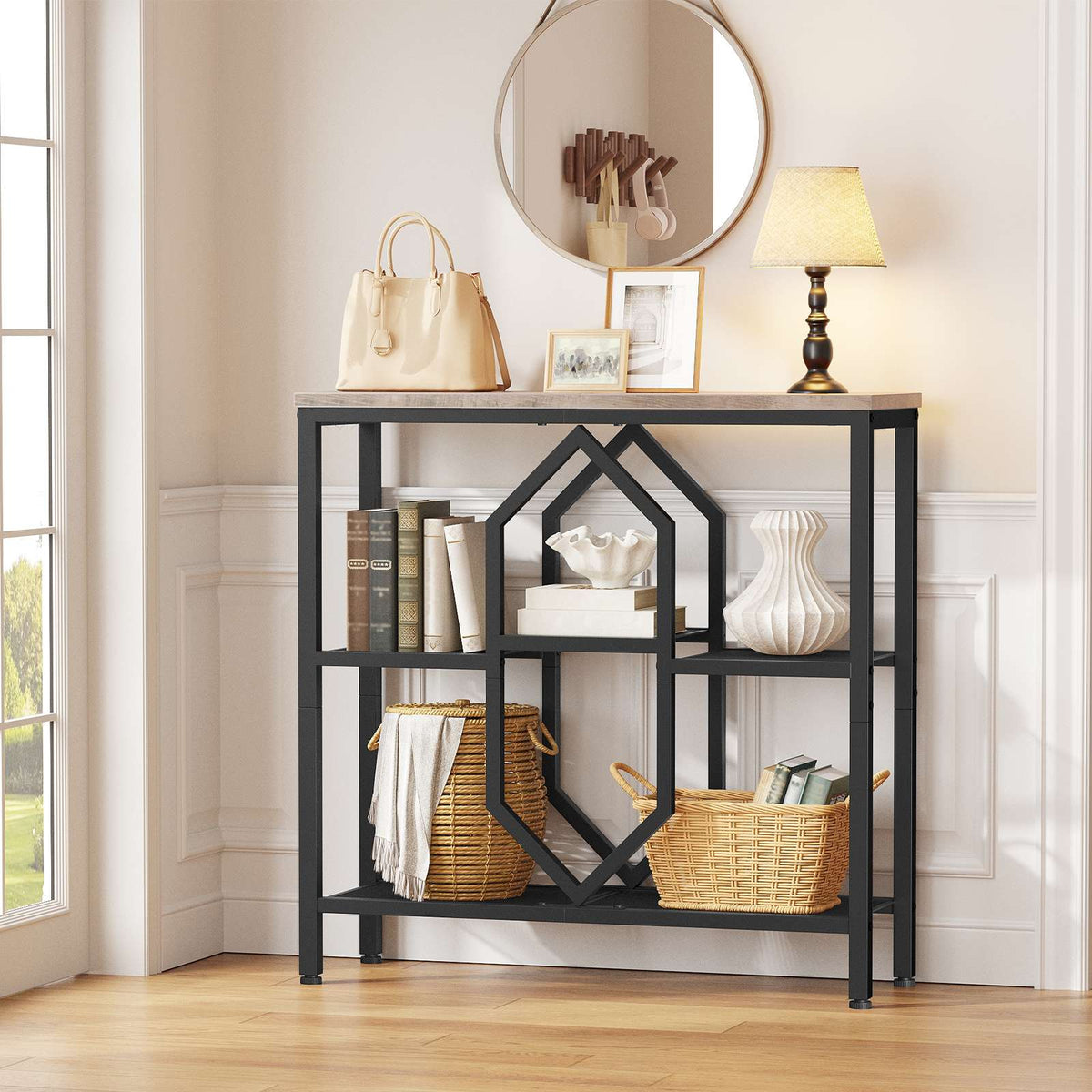 HOBORO Industrial Console Table with Geometric Shelves, Slim Grey Entryway Table