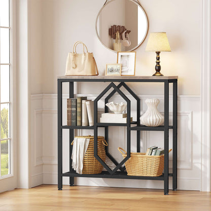 HOBORO Industrial Console Table with Geometric Shelves, Slim Grey Entryway Table