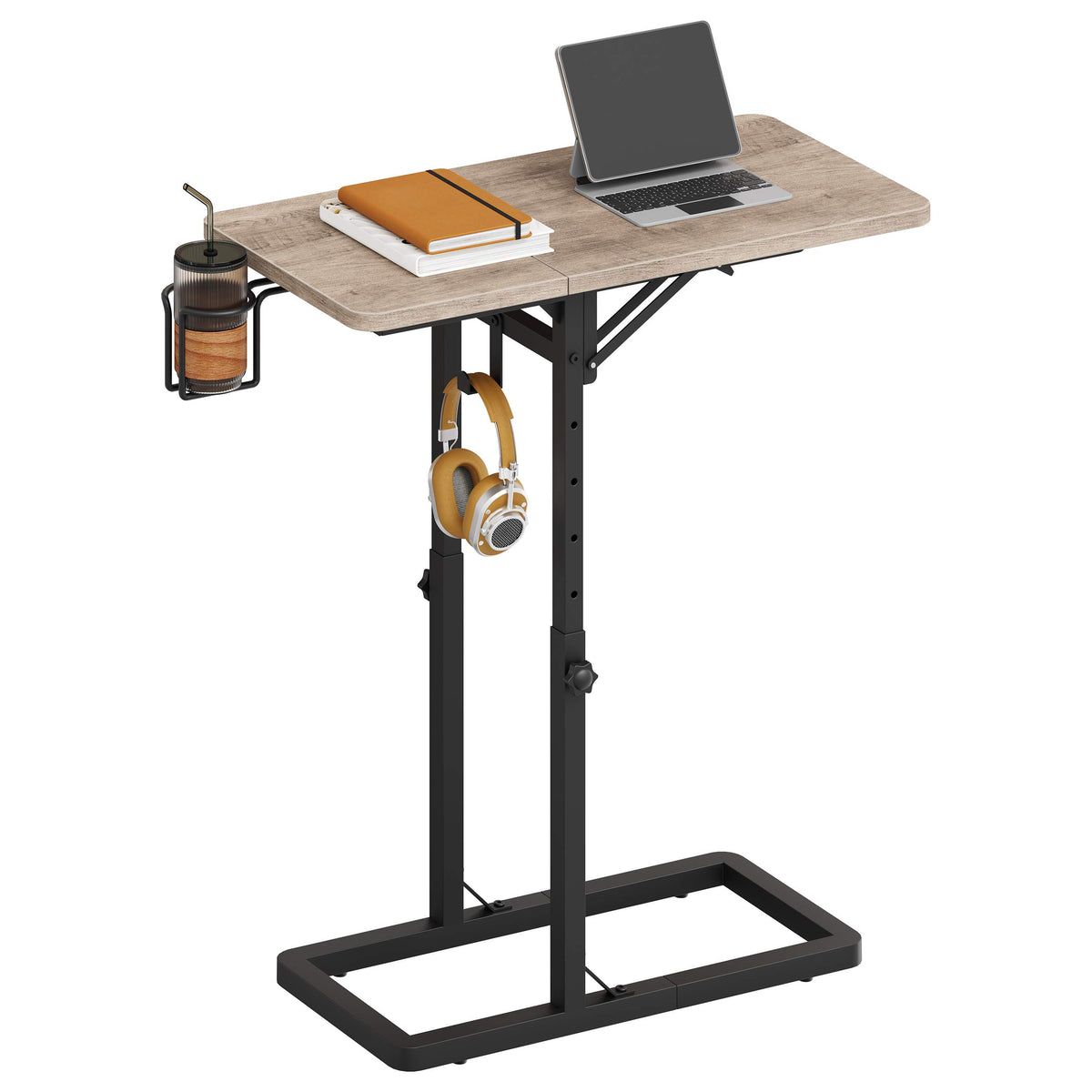 HOOBRO Adjustable Height C-Shaped TV Tray Table with Cup Holder and Hook