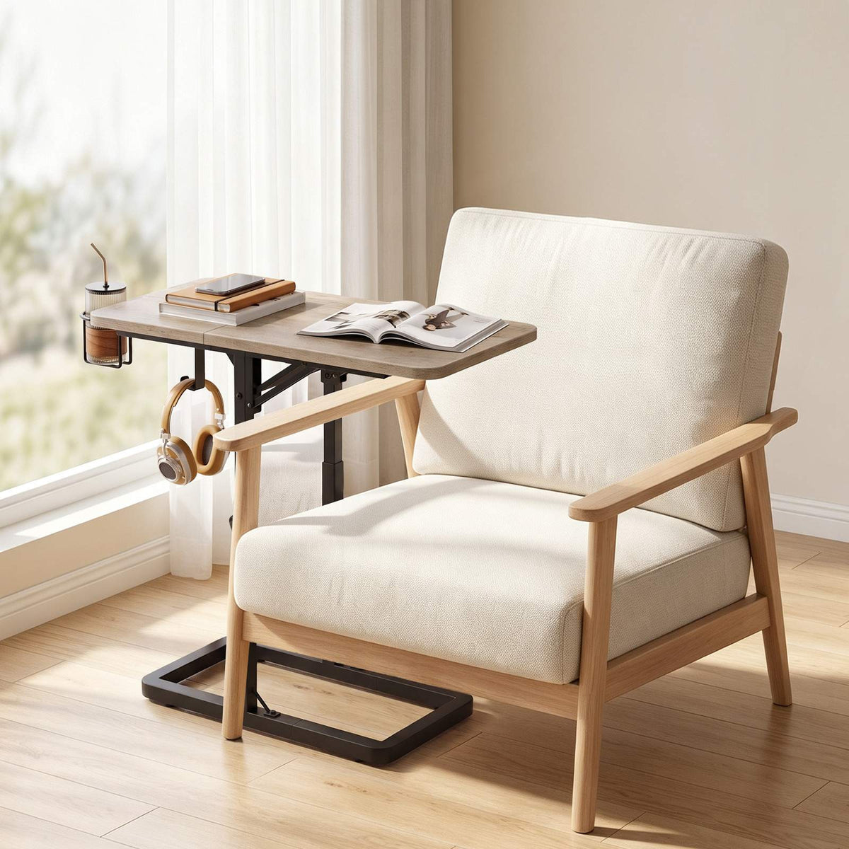 HOOBRO Adjustable Height C-Shaped TV Tray Table with Cup Holder and Hook