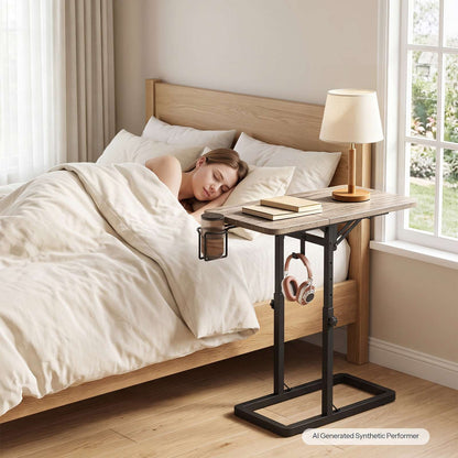 HOOBRO Adjustable Height C-Shaped TV Tray Table with Cup Holder and Hook
