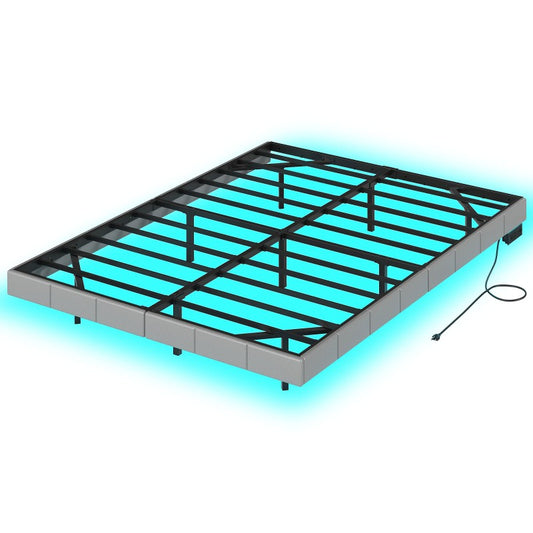 HOOBRO Full Size Floating Bed Frame with LED Lights and Charging Station, Upholstered Platform Bed Frame Full Size, Modern Metal Floating Bed Frame, No Box Springs Needed