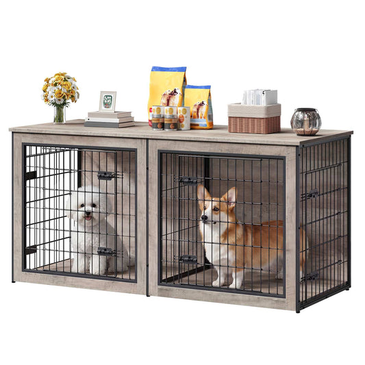 HOOBRO Wooden Double Dog Crate & TV Stand Furniture with Removable Divider
