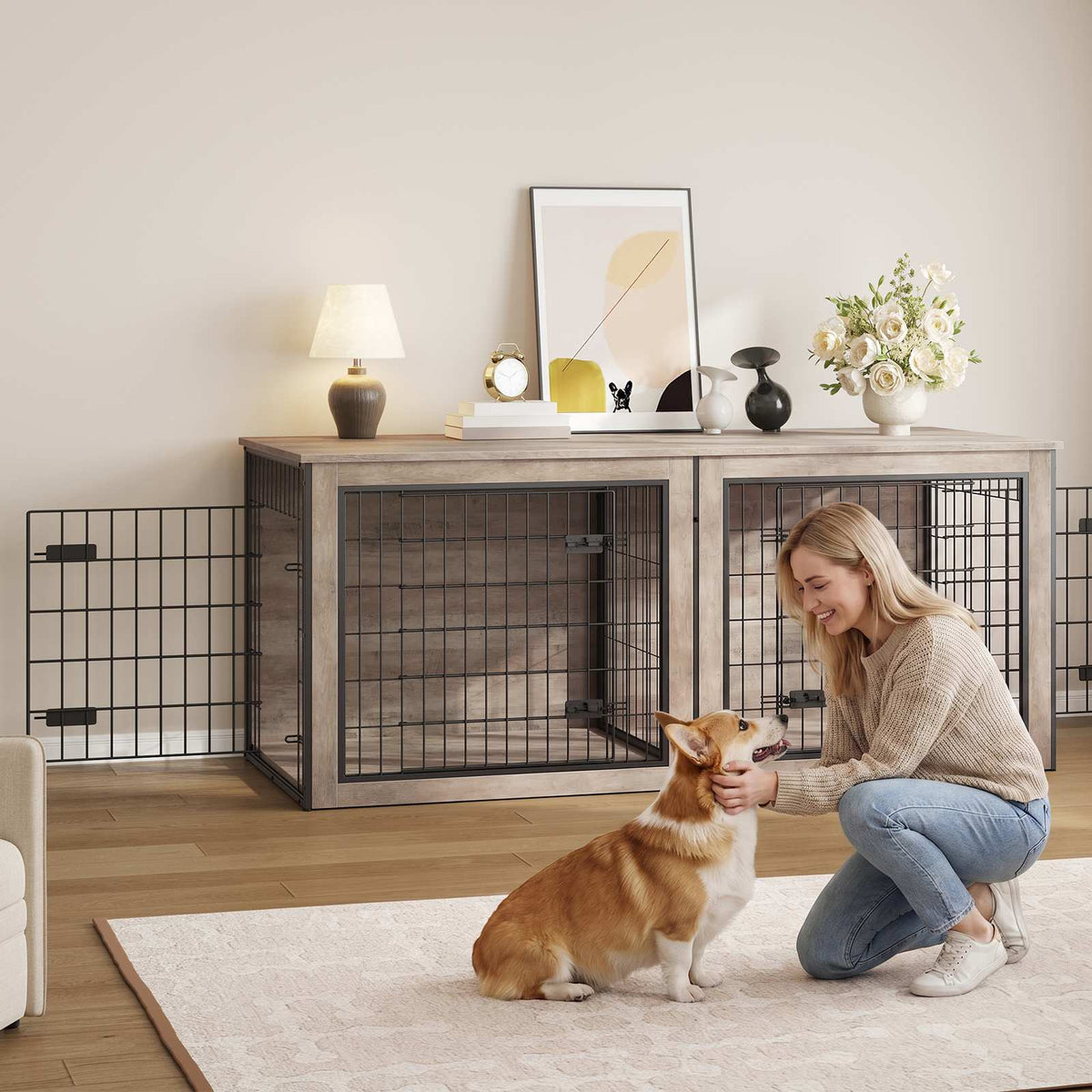 HOOBRO Wooden Double Dog Crate & TV Stand Furniture with Removable Divider