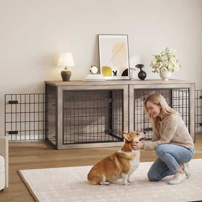 HOOBRO Wooden Double Dog Crate & TV Stand Furniture with Removable Divider