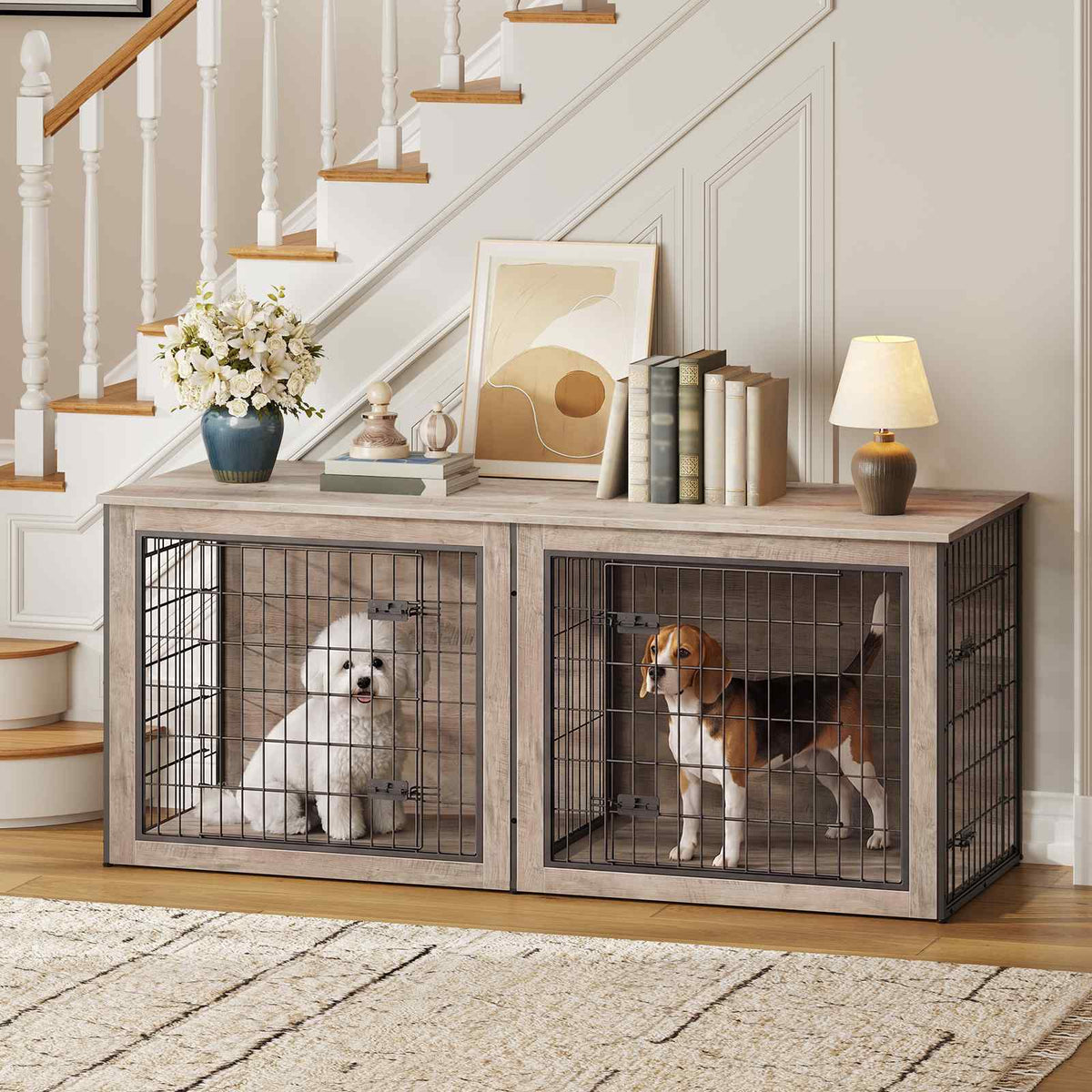 HOOBRO Wooden Double Dog Crate & TV Stand Furniture with Removable Divider
